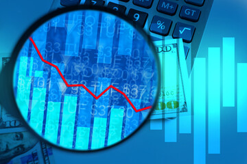 Poster - Falling return on investment. A person looks at the yield chart against the background of US dollars. American investments. Financial analysis. Chart of changes in asset prices.