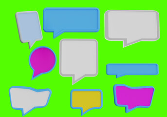 Poster - Dialogue bubbles. Dialogue clouds on green background. Dialogue clouds set. Set different speech bubbles. Multicolored speech bubbles on bright background. Speech clouds different shapes. 3d image