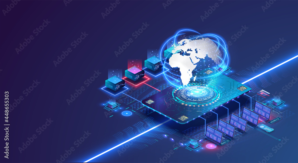 Global network concept with hardware computer server data center and hologram globe. World internet connection or online communication. Data collection and storage, information processing. Vector  - obrazy, fototapety, plakaty 