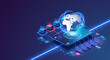Global network concept with hardware computer server data center and hologram globe. World internet connection or online communication. Data collection and storage, information processing. Vector 