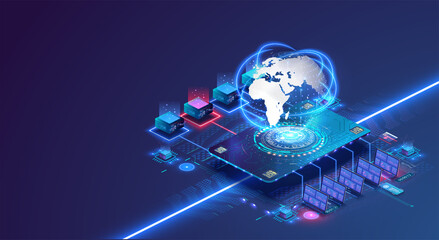 Wall Mural - Global network concept with hardware computer server data center and hologram globe. World internet connection or online communication. Data collection and storage, information processing. Vector 