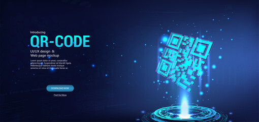 Poster - QR code futuristic banner. location, direct link, online ordering, advertising, calculation and other functions QR code. Web banner template. Hologram illustration. Vector