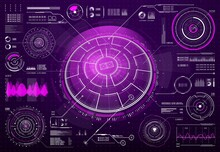 HUD Futuristic Technology Screen Digital Interface. Sci Fi User Interface, Future Dashboard Design With Glowing Pink Neon Light Circle Diagrams, Vector Infographics Fluctuations Graphs And Waves