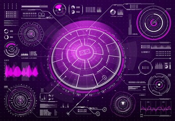Leinwandbilder - HUD futuristic technology screen digital interface. Sci Fi user interface, future dashboard design with glowing pink neon light circle diagrams, vector infographics fluctuations graphs and waves