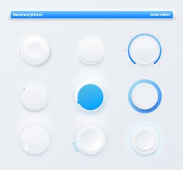 Aufkleber - Neomorphic Ui kit mobile app round level buttons. Sound volume control knob, amplifier power vector white dials with blue scales, game controller D-pad. Futuristic design audio controls and switches