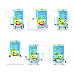 Sticker - Coconut water can cartoon character bring information board. Vector illustration