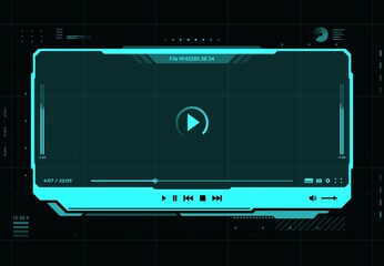 HUD video and sound player futuristic screen interface, vector multimedia play. HUD video or music web player, for audio media and online live streaming with pause player buttons, video frame