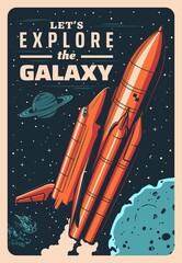 Poster - Space rocket and shuttle in galaxy vector vintage poster. Mother missile booster with shuttle on board take off from Earth cosmodrome in Universe. Cosmos research, exploration mission retro card