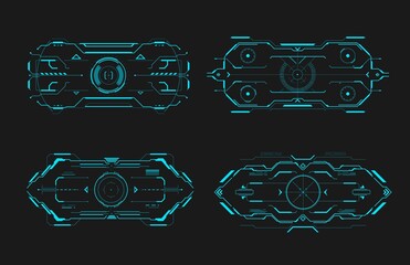 Poster - HUD aim control frame interface futuristic target screen. Vector ski-fi monitors, UI techno elements, military optical aiming, spaceship crosshairs. Modern collimator sight, gun focus range indication