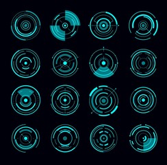 Poster - HUD interface round radar futuristic circle. Game interface elements, future or Sci Fi weapon electronic sights designs set, vector infographics circle diagrams, UI interface blue neon light icons