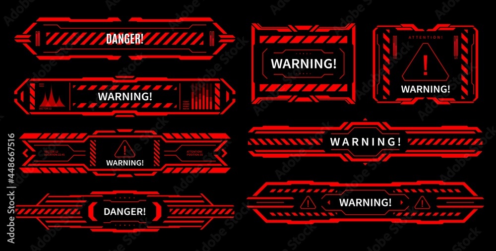 Security Warning Examples Ui HUD danger and alert attention red interface signs. Vector warning ...