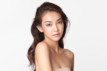 Wall Mural - Beautiful young asian woman with clean fresh skin on white background, Face care, Facial treatment, Cosmetology, beauty and spa, Asian women portrait.