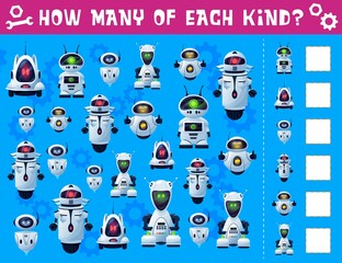 Aufkleber - Robots and droids kids I spy game. Children riddle, counting puzzle or quiz book page template with future androids, fantasy robots or alien droids with antennas, wheels and glowing neon light eyes