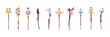 Wizard stuff. Cartoon magic staves of natural elements with stones. Metal and wooden magical weapon for game UI. Shaman or magician sticks collection. Vector enchanter equipment set