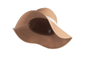 Vintage Panama hat, Womens summer yellow straw hat with the white ribbon on white background.