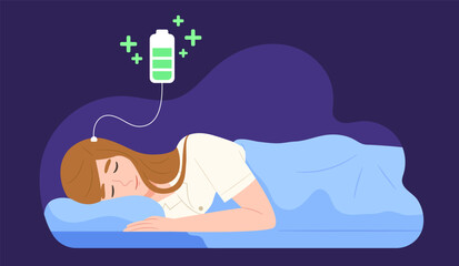 Young female get healthy sleeping to charge her brain. Bed time. Concept of sleeping well, good night, relaxation, restful sleep, comfy bed, brain energy boosting. Flat vector illustration character