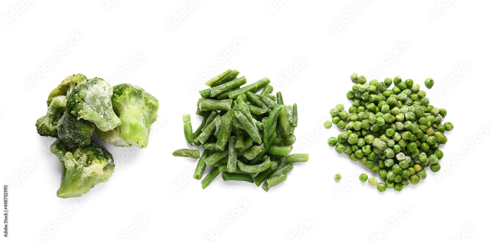 Frozen green vegetables on white background