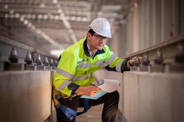 Engineer under inspection and checking construction process railway switch and checking work on railroad station .Engineer wearing safety uniform and safety helmet in work.