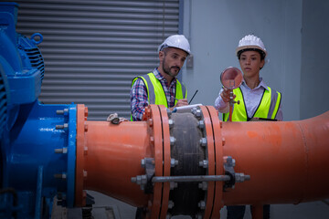 engineer under checking the industry cooling tower air conditioner is water cooling tower air chiller HVAC of large industrial building to control air system