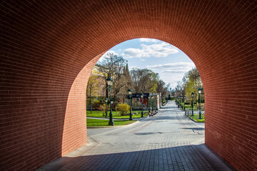 Covid-19, quarantine in Moscow, coronavirus in Russia. Empty streets without people. Alexander Garden