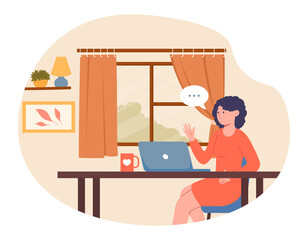 Poster - young female character is having videoconference with colleagues at home. concept of corporate video