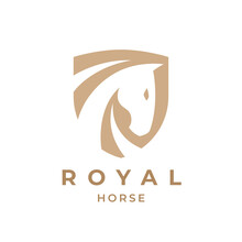 Royal Horse Logo Emblem. Elegant Stallion Shield Icon. Equine Stables Sign. Equestrian Horse Show Symbol. Vector Illustration.