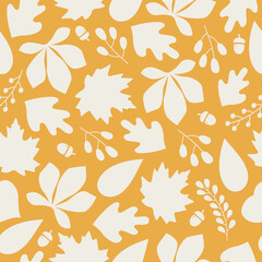 Poster - Autumn seamless pattern with colorful silhouette acorns, leaves and berries on orange background. Modern seasonal pattern. Vector flat design
