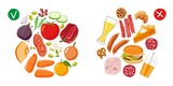 Fototapeta Pokój dzieciecy - Healthy food and Junk food. Benefits of proper nutrition. Diet Choice. Choose foods that are body useful. Healthy food vector flat on white background. Healthy nutrition. Fastfood vs balanced menu