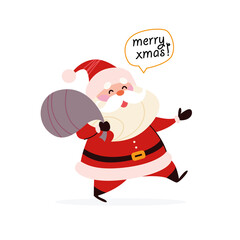 Wall Mural - Funny cute Santa Claus character carry bag full of gift boxes isolated. Vector flat cartoon illustration. For Christmas cards, banners, stickers, tags, patterns, package etc.