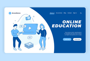 Poster - Online education and training. Remote elearning via webinars and web libraries. People take courses using mobile apps and video. Getting university degree at home. Flat vector linear landing page