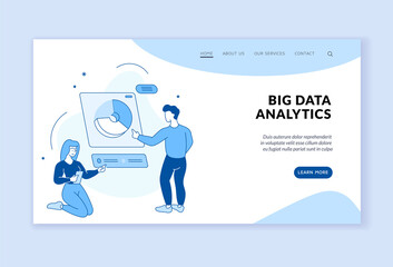 Poster - Big web data analytics. Digital information infographics with optimization. Managers research search statistics with global calculations. Securing servers. Vector home page linear flat