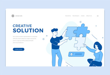 Poster - Creative solutions and developments. Teamwork with innovation management strategy. Modern imagination with powerful social marketing and brainstorming. Vector linear flat landing page