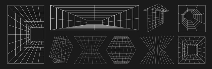 set of retrofuturistic design elements. collection of perspective grids, tunnels in cyberpunk 80s st