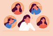 Young female characters are suffering from bipolar disorder. Concept of women surrounded by symptoms of bipolar disorder psychological diseases, schizophrenia. Flat cartoon vector illustration