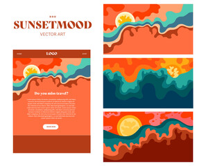 Sunset. Sunrise. Nature. Modern flat vector banner illustration of natural background. Vacation on the beach. Festival feeling. Holiday Feeling. Drawings from the hand of sunset and sunrise. 