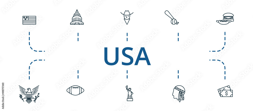 Usa icon set. Contains editable icons usa theme such as the statue of ...