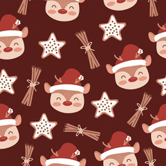 Poster - Merry christmas holiday cute reindeer with cinnamon and star biscuit seamless pattern for fabric, linen, textiles and wallpaper