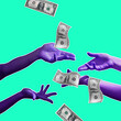 Painted purple hands catching money on bright neon background, artwork. Concept of human relation, community, symbolism, surrealism.
