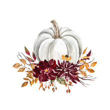 Watercolor Fall Pastel Pumpkin And Purple Flowers Arrangement On White Background. White Pumpkin Floral Decor With Red And Burgundy Leaves, Tree Branches. Autumn Illustration.