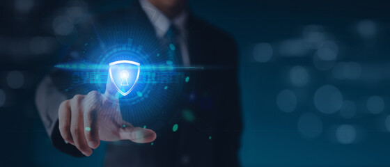 Data or network protection, businessman press shield icon, web button, virus cyber security. Insurance Digital crime by hacker concepts. Information security against viruses, System binary Matrix.