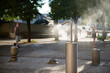 Mist machine installed on a public place to cool down the air. Equipment helps lowering the heat wave in the city.