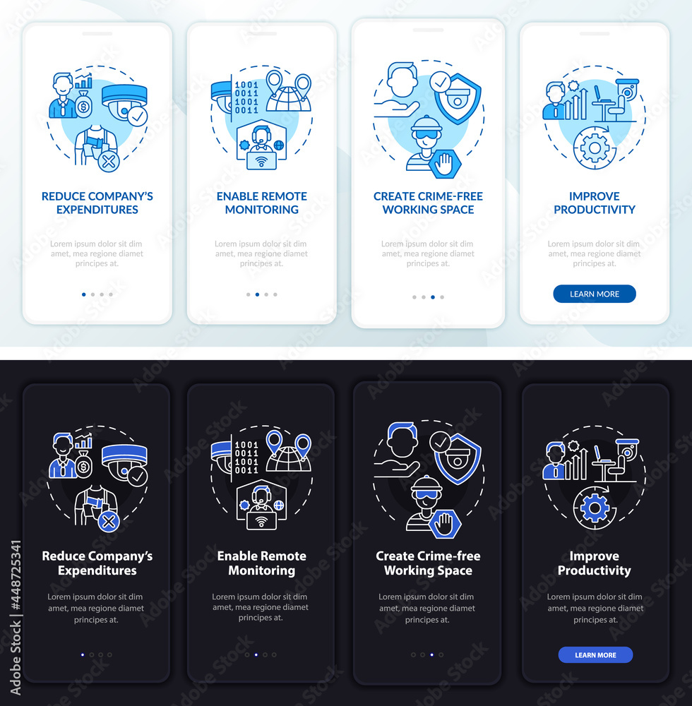 Security system onboarding mobile app page screen set. Monitoring ...