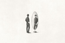 Illustration Of  Man Looking At Himself Headless Reflected In The Mirror, Surreal Identity Concept