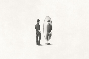 illustration of  man looking at himself headless reflected in the mirror, surreal identity concept