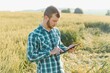 © Serhii - Happy young farmer or agronomist inspecting wheat plants in a field before the harvest. Checking seed development and looking for parasites with magnifying glass. Organic farming and food production