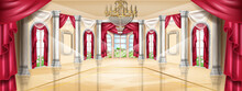 Palace Interior Vector Background, Castle Hall, Classic Ballroom Illustration, Arch Window, Marble Column. Luxury Wedding Banquet Room, Gallery Apartment, Golden Chandelier. Vintage Palace Interior