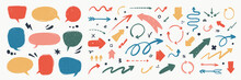 Abstract Arrows And Speech Bubbles Set. Various Doodle Arrows And Talk Balloons With Grunge Texture. Hand-drawn Abstract Vintage Infographic Vector Collection.