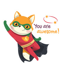 Little flying fox Super Hero wearing red costume, black cape and mask with fist raised and text - You Are Awesome - colored flat cartoon vector illustration isolated on white background