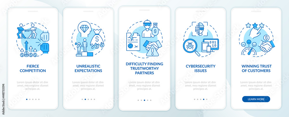 Challenges of launching startup blue onboarding mobile app page screen ...