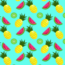 Vector Background Of Watermelon, Pineapple, Kiwi. Seamless Pattern Of Watermelons, Pineapples, Kiwis. Vector Background. Cute Seamless Vector Pattern With Watermelons, Pineapples And Kiwis.